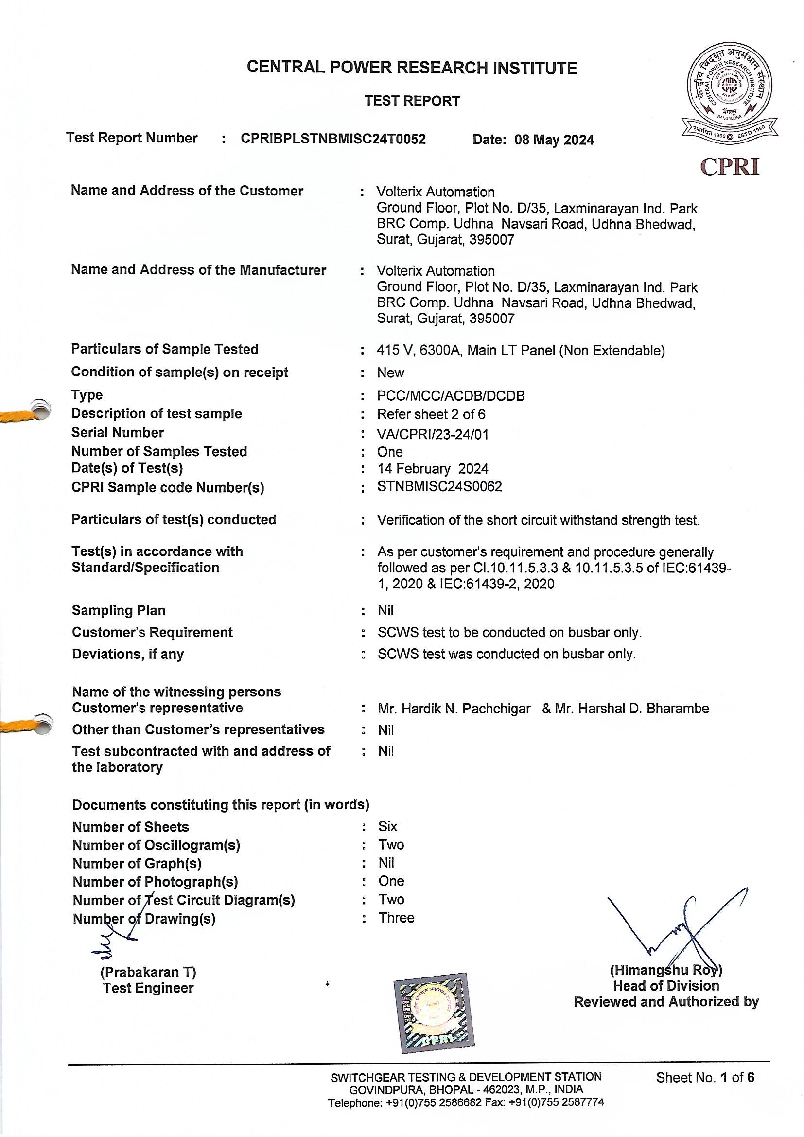 70kArms for-1.0 Sec Short Circuit Withstand Strength Test Certificate