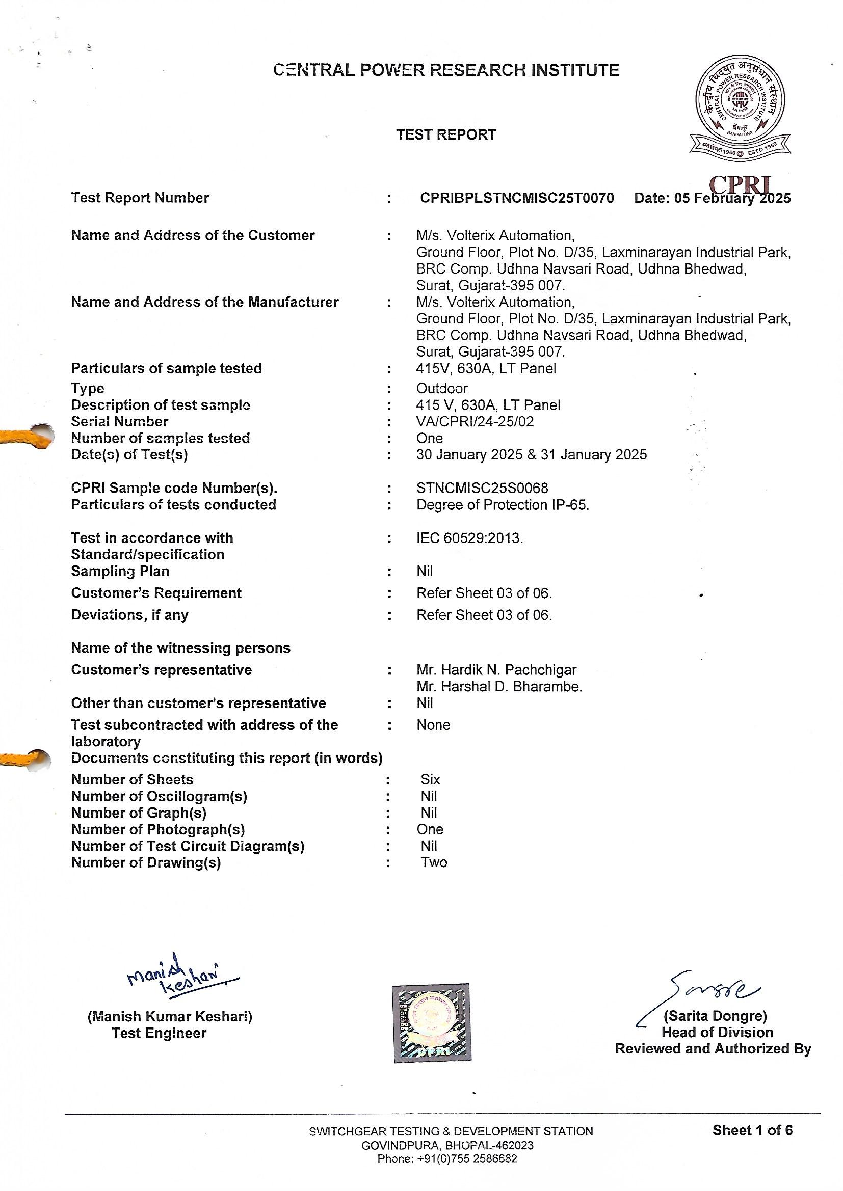 Degree of Protection IP 65 Certificate